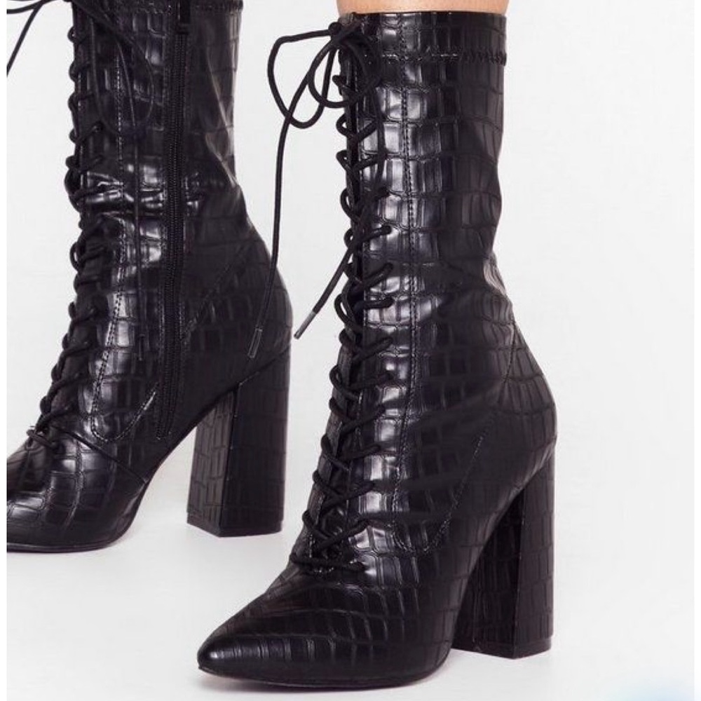 Nasty Gal Black Croc Lace-Up Heeled Boots | Size 9
